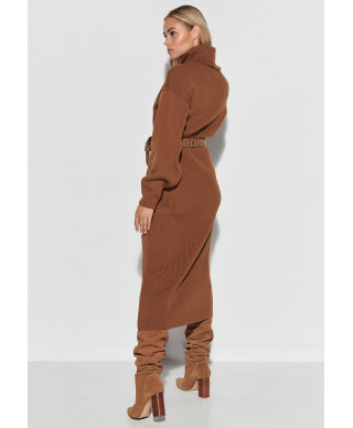 Adīta kleita ar augstu apkakli un kabatām brūna S105