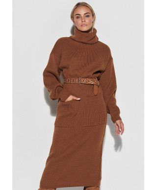 Adīta kleita ar augstu apkakli un kabatām brūna S105