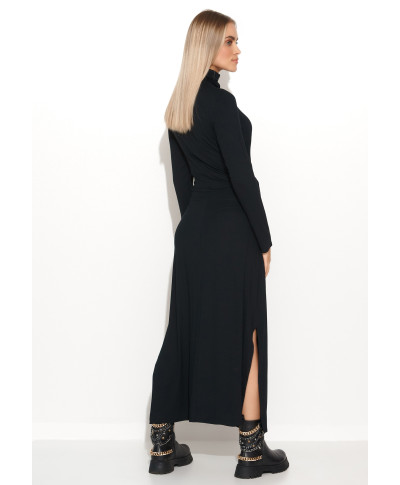 suknele viskozine su marszczonym golfem ir wiązaniem juoda M676