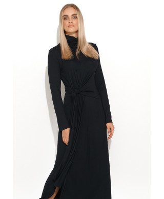 suknele viskozine su marszczonym golfem ir wiązaniem juoda M676