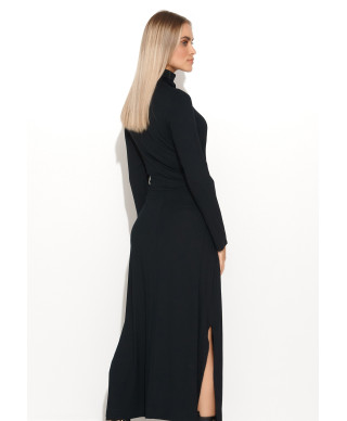 suknele viskozine su marszczonym golfem ir wiązaniem juoda M676