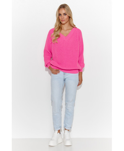 Prosty megztinis moteriskas su iskirpte  serek sviesiai rozine S140