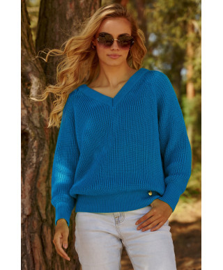 Vienkāršs sieviešu džemperis ar V veida kakla izgriezumu zils S140