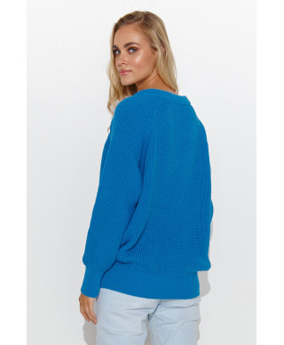 Paprastas moteriškas megztinis su V formos iškirpte mėlynas S140
