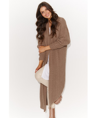 Apgaubiantis moteriškas atviras ilgas megztinis kapučino spalvos NU_S91