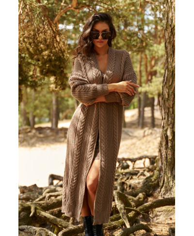 Apgaubiantis moteriškas atviras ilgas megztinis kapučino spalvos NU_S91