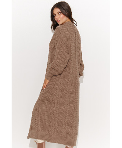 Apgaubiantis moteriškas atviras ilgas megztinis kapučino spalvos NU_S91