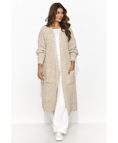 Moteriškas atviras megztinis su kišenėmis smėlio spalvos melanžas NU_S99