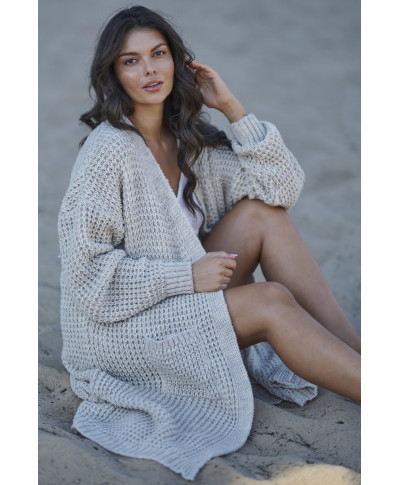 Moteriškas atviras megztinis su kišenėmis smėlio spalvos melanžas NU_S99