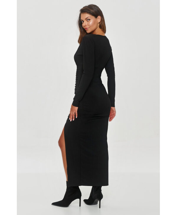 Elegantiška suknelė su klostėmis ir skeltuku juoda M854