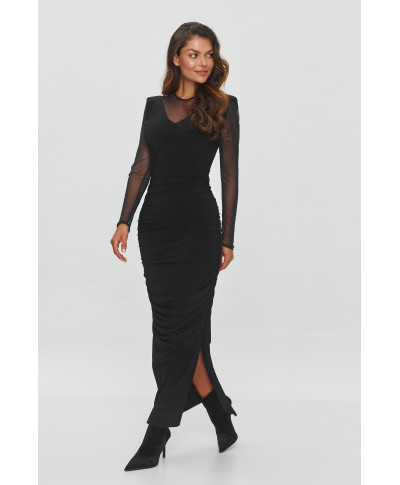 Pieguloša gara kleita no kombinētiem materiāliem melna M853