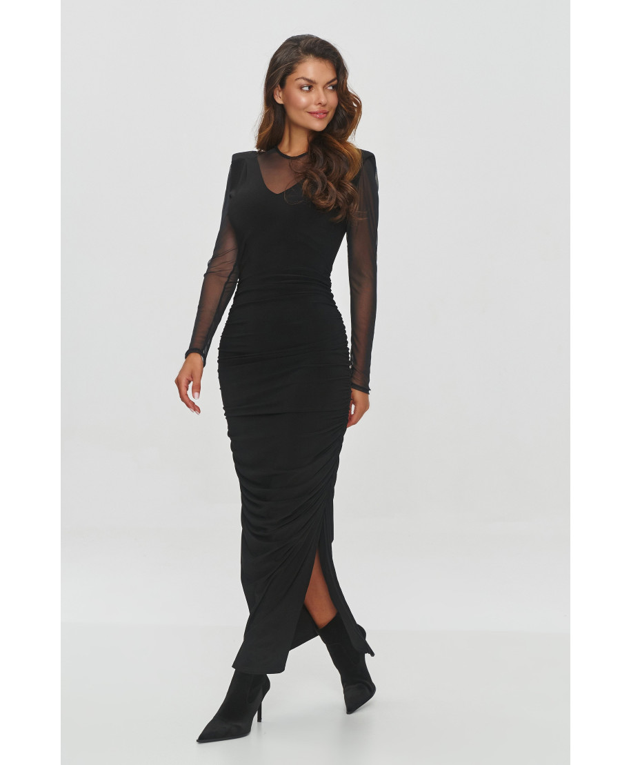 Pieguloša gara kleita no kombinētiem materiāliem melna M853