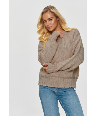 Klasikinis moteriškas megztinis su rankogaliais tamsiai smėlio spalvos S151