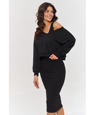 Komplektas: džemperis su dryžuota suknele juodas A10