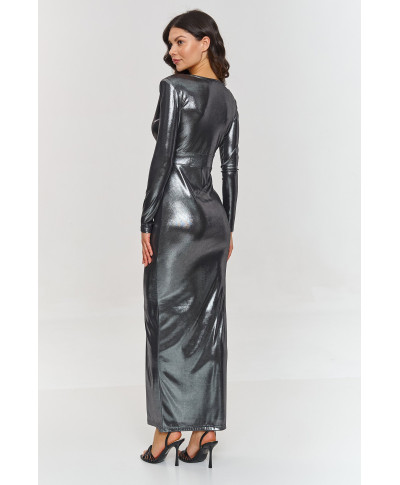 Metaliczna maxi suknele su skiliu grafitowa M886