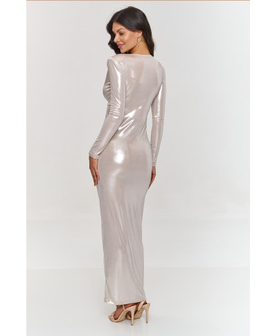 Metaliczna maxi suknele su skiliu sviesus beż M886