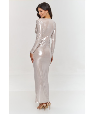 Metaliczna maxi suknele su skiliu sviesus beż M886