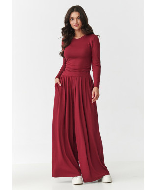 komplektas viskozinis su marszczoną bluzką ir szerokimi spodniami bordo M892