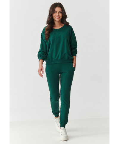 komplektas dresowy su lekko dopasowanymi spodniami ir luźną bluzą butelkowa zieleń M891