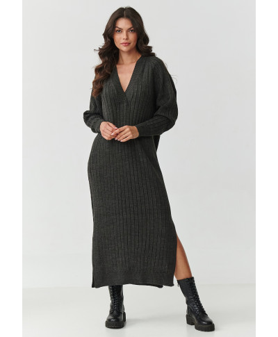 ilga suknele swetrowa su iskirpte V grafitowy melanzas S161