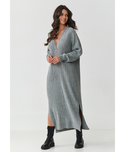 ilga suknele swetrowa su iskirpte V pilkas melanzas S161