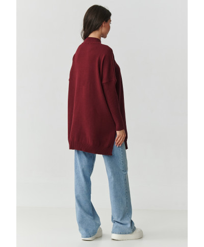 Viskiozės moteriškas oversize bordo spalvos megztinis S164