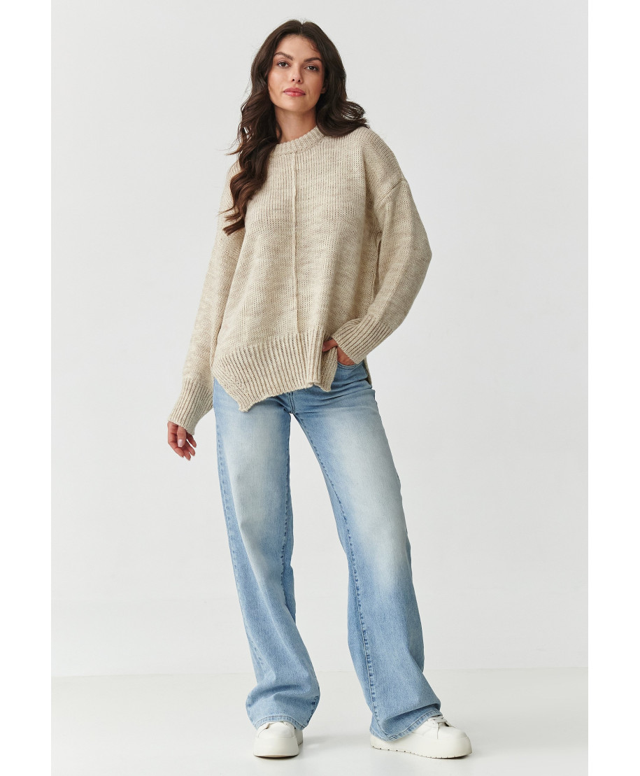 Megztinis moteriškas oversize su siūle smėlio spalvos melanžas S159