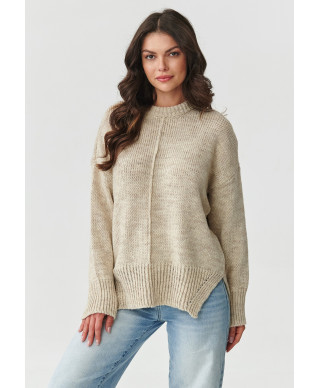 Megztinis moteriškas oversize su siūle smėlio spalvos melanžas S159
