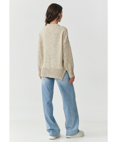 Megztinis moteriškas oversize su siūle smėlio spalvos melanžas S159