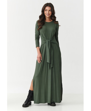 suknele moteriska maxi is viskozes su risimu per liemeni ir rozcięciami po bokach chaki M894