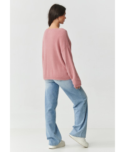 Laisvas pūkuotos tekstūros megztinis purvinai rožinis S171