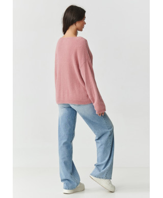 Laisvas pūkuotos tekstūros megztinis purvinai rožinis S171