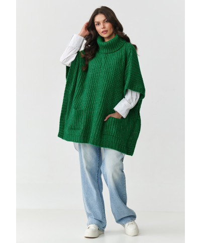 ponco megztinis moteriskas su golfu ir kisenemis butelkowa zieleń S160
