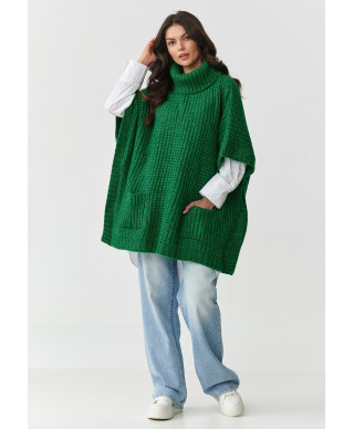 Pončo sieviešu džemperis ar apkakli un kabatām pudeles zaļā krāsā S160