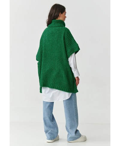 Pončas moteriškas megztinis su golfu ir kišenėmis butelio žalios spalvos S160