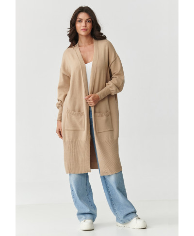 Ilgas smėlio spalvos moteriškas kardiganas su kišenėmis S167