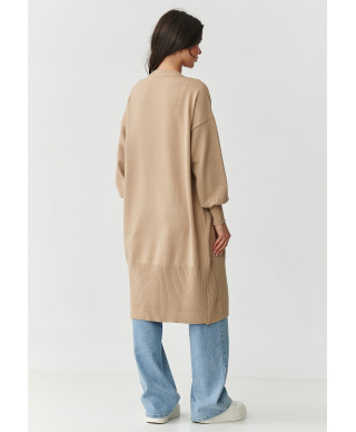 Ilgas smėlio spalvos moteriškas kardiganas su kišenėmis S167