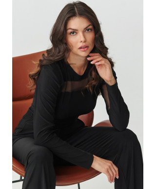 elegantiskas komplektas moteriskas su transparentnymi wstawkami ir szerokimi nogawkami juodas M903