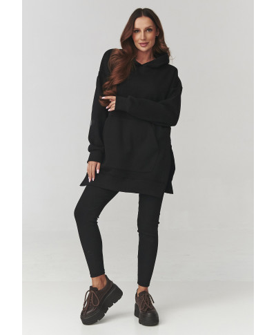 Sieviešu komplekts – garš džemperis ar kapuci un legingi melni A12