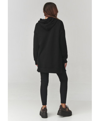 Moteriškas komplektas – ilgas džemperis su gobtuvu ir tamprės juodos A12