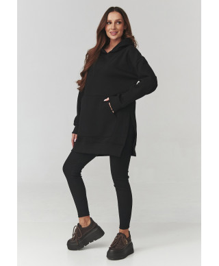 Sieviešu komplekts – garš džemperis ar kapuci un legingi melni A12