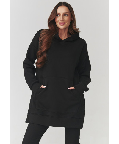 Moteriškas komplektas – ilgas džemperis su gobtuvu ir tamprės juodos A12