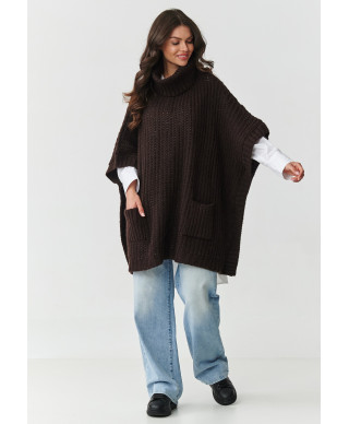 ponco megztinis moteriskas su golfu ir kisenemis sokoladinis S160