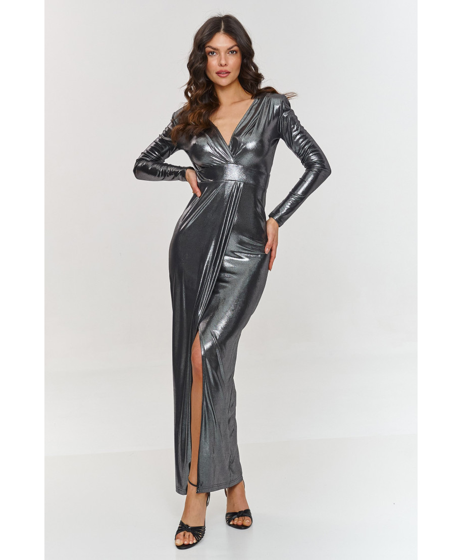 Metaliczna maxi suknele su skiliu grafitowa M886