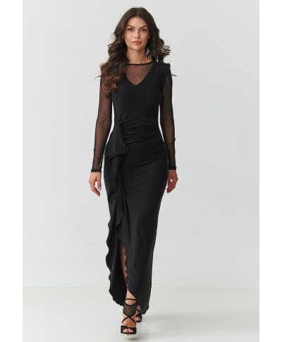 suknele maxi su tiulem ir falbaną juoda M910