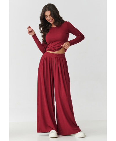 komplektas viskozinis su marszczoną bluzką ir szerokimi spodniami bordo M892