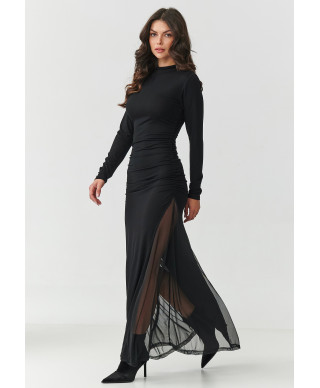 elegantiska suknele maxi su tiulinemis wstawkami juoda M902