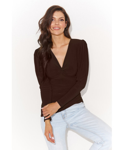 Pieguļoša sieviešu blūze ar buff piedurknēm šokolādes krāsā NU461