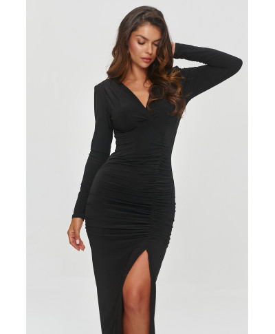 Eleganta kleita ar plisēm un šķēlumu melna M854