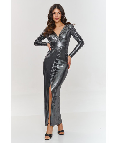 Metāliska maxi kleita ar šķēlumu grafīta krāsā M886